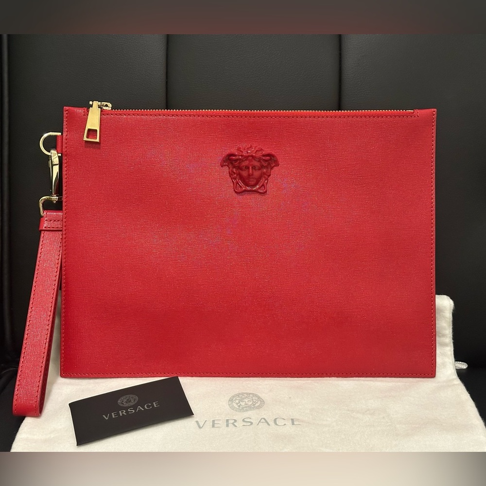 Versace Red Leather Pouch with Gold Zipper